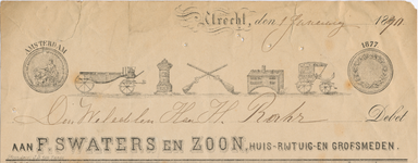 712114 Kop van een nota van F. Swaters en Zoon, Huis-, Rijtuig- en Grofsmeden, [Lange Elisabethstraat 9] te Utrecht, ...
